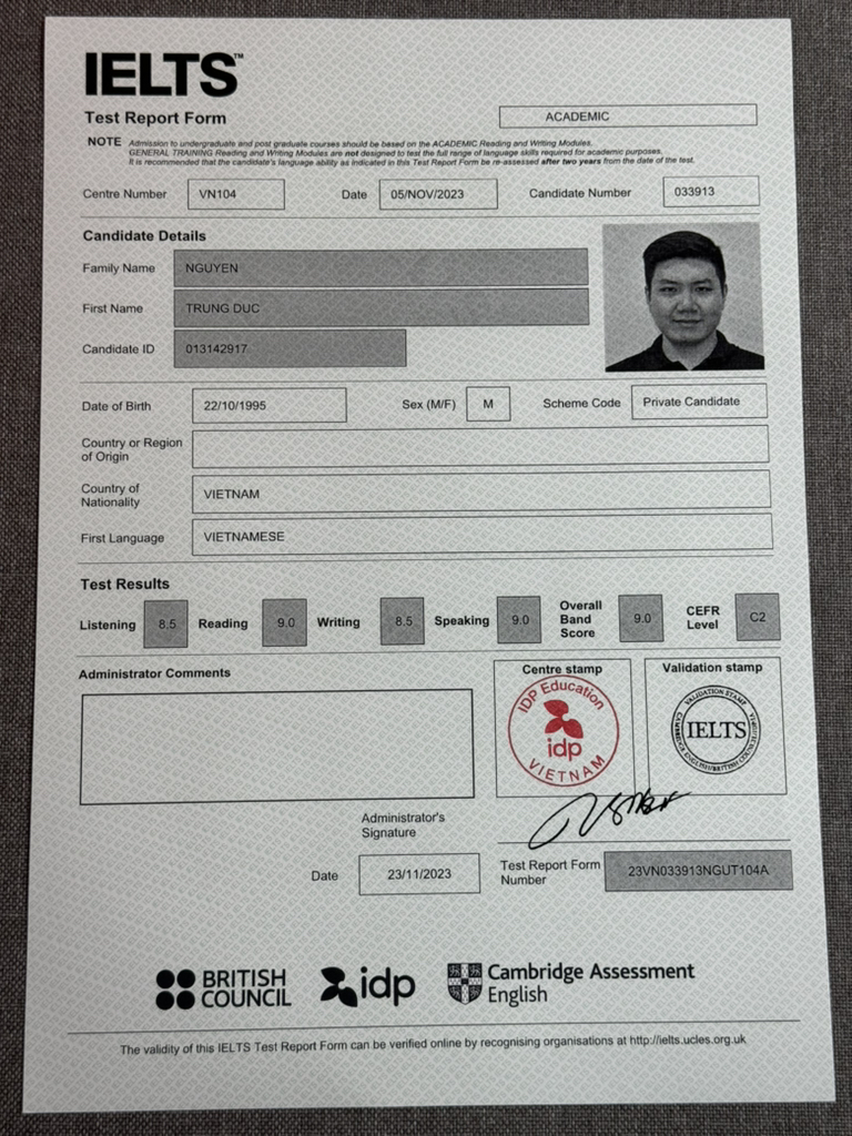 Bảng điểm IELTS thầy Trung Đức