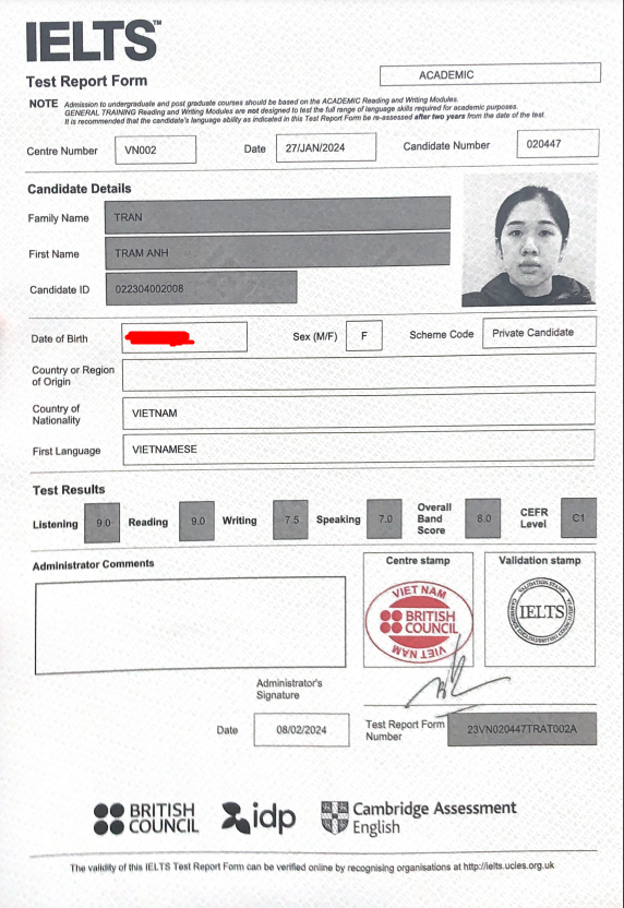 Bảng điểm IELTS cô Trâm Anh